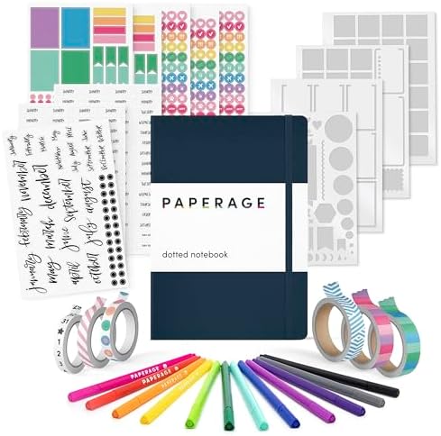 PAPERAGE Bullet Journal Kit, Dotted Journaling Set & Stationary Kit, Hardcover Dotted Journal Notebook (Navy), 12 fineliner Pens, 8 Sticker & 3 Stencil Sheets, 6 Washi Tapes by PAPERAGE