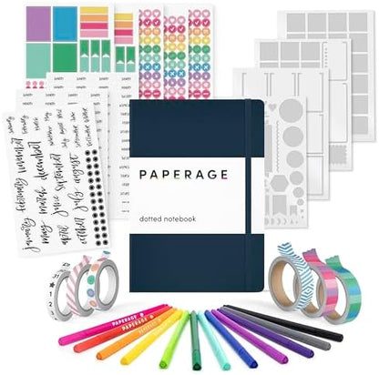 PAPERAGE Bullet Journal Kit, Dotted Journaling Set & Stationary Kit, Hardcover Dotted Journal Notebook (Navy), 12 fineliner Pens, 8 Sticker & 3 Stencil Sheets, 6 Washi Tapes by PAPERAGE