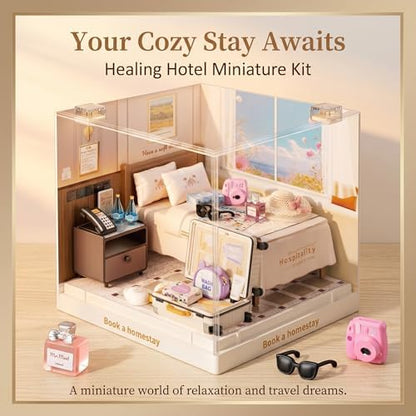 Cozy Hotel Room Miniature House Kit, Plastic DIY Dollhouse with Double Bed & Open Suitcase, Stackable Transparent Dust Cover, Creative Desktop Decor for Adults Teens - Image 2