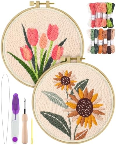 ERKOON Punch Needle Kit Adults Beginners, 2 Pcs DIY Easy Flower Embroidery Set for Starter Art Craft, Needling Punching Project with Patterns, Tools, Yarns, Hoop, Instruction (Sunflowers & Tulips) by ERKOON