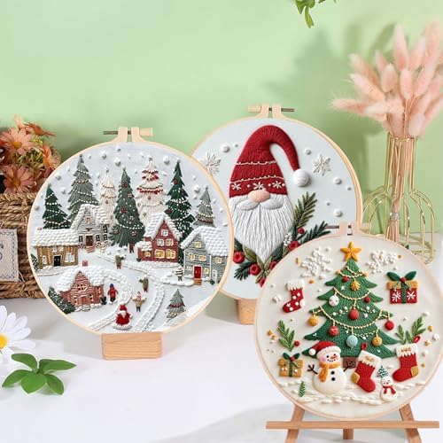 Ohcol 3 Sets Christmas Embroidery Kit,Cross Stitch Kits for Beginners,Needlepoint Kits for Adults with Easy Floral Pattern Hand Crafts,Hoop,Needle - Image 3