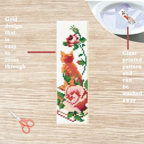 FREEBLOSS 6 Set Cat Cross Stitch Bookmark Kits Rose Pattern Stamped Cross Stitch Kit DIY Embroidery Kit Bookmark Craft Kit with Instructions for Beginners 6x20cm - Image 3