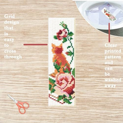 FREEBLOSS 6 Set Cat Cross Stitch Bookmark Kits Rose Pattern Stamped Cross Stitch Kit DIY Embroidery Kit Bookmark Craft Kit with Instructions for Beginners 6x20cm - Image 3