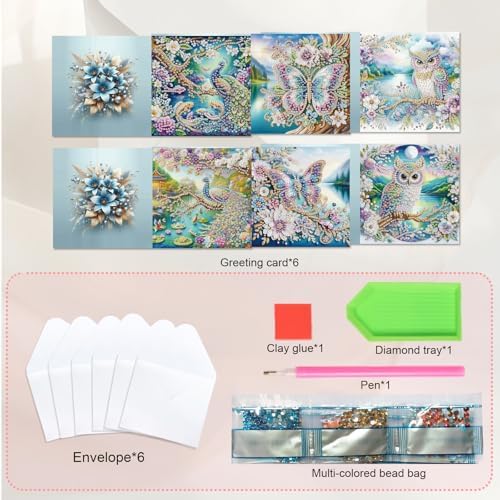 JISHSHAY 6 PCS Butterfly Diamond Painting Greeting Cards Owl Diamond Art Birthday Cards with Envelopes Peacock Gem Art Gem Painting Mosaic Kits for Adults for Thanksgiving Anniversary Valentine - Image 3