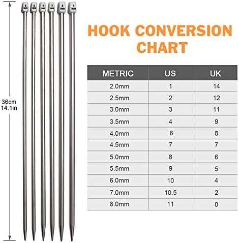BCMRUN Knitting Needle Set, 22PCS 2mm(B)-8mm(L) Straight Single Pointed Stainless Steel Sweater Needles Set(11Pair-11 Size,9.8 inch) with Locking Stitch Makers Large-Eye Needles Measure Tape (36CM) - Image 4