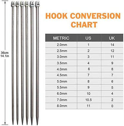 BCMRUN Knitting Needle Set, 22PCS 2mm(B)-8mm(L) Straight Single Pointed Stainless Steel Sweater Needles Set(11Pair-11 Size,9.8 inch) with Locking Stitch Makers Large-Eye Needles Measure Tape (36CM) - Image 4