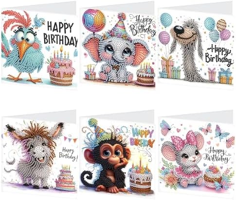 Focart 6-Pack Pets Birthday Diamond Painting Greeting Card Kits, Special Shaped Diamonds Painting, DIY Handcraft for Relatives and Friends with Wishes,Unique Design Crafting for Birthday Cards by PremiumDiamondArt