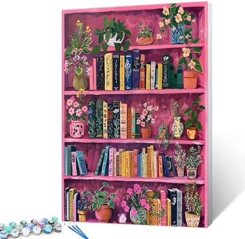 Aihonmin Bookshelf Book Theme Paint by Numbers Kits for Adult Beginners Boho Paint by Numbers Kits Pink Library Painting Kits on Canvas Pigment for Home Wall Decor Without Framed 16''W x 20''H by Aihonmin