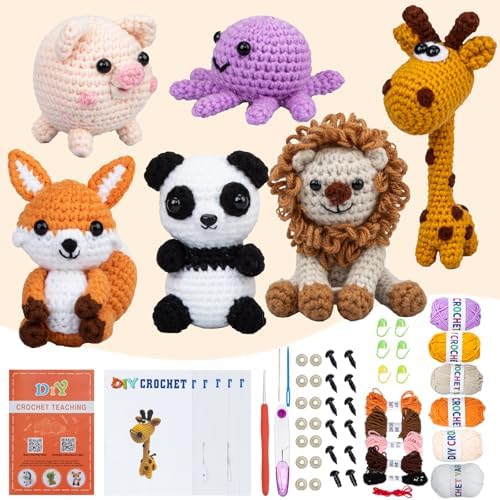KIECIK Crochet Animal Kit – 6 PCS Crochet Knitting Kit for Beginners by KIECIK