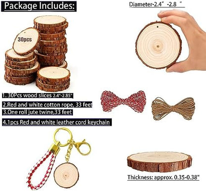 SENMUT Unfinished Wood Slices 30pcs 2.4"-2.85" Wood Circles for Crafts Predrilled Natural Wood Rounds Wooden Discs Christmas Wood Ornament for Crafts - Image 3