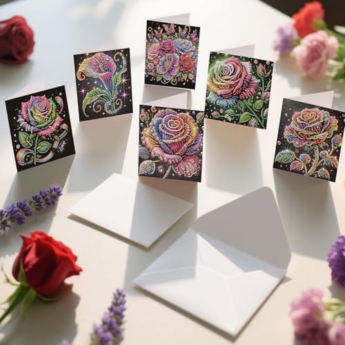 6Pcs Diamond Art Painting Cards Kit Rose Flower Greeting Cards - Image 5