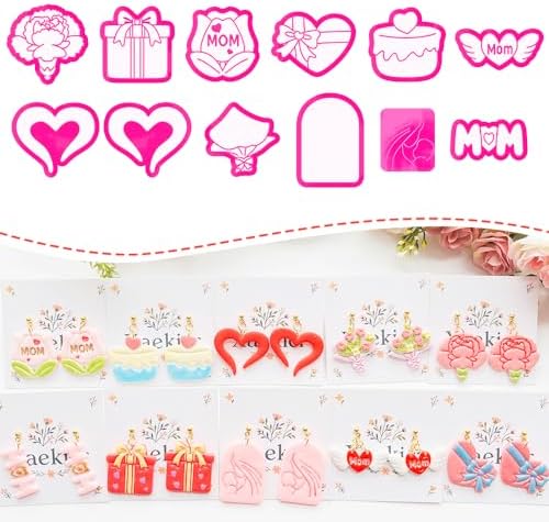 Mother’s Day Polymer Clay Cutters & Stamp Set - 12pcs Sharp & Durable Mom, Heart, Cake, Carnation & Gift Shapes for DIY Earring Jewelry Making, Soft Clay Crafts & Holiday Supplies by Unknown