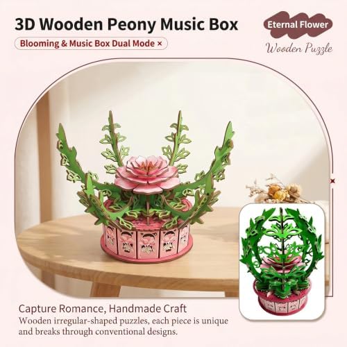 3D Wooden Puzzle Music Box for Adults, Peony Flower DIY Kit - Image 2