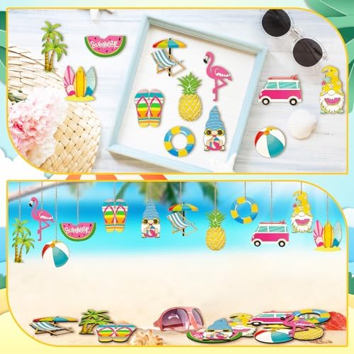 JellyArch 36 Pcs Summer Wood Cutouts Crafts for Kids, Hawaiian Blank Unfinished Wooden Shapes Slices, Tropical Beach DIY Crafts Paint Ornaments Hanging Embellishment for School Home Party Decors - Image 6