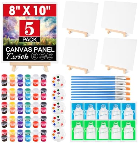 ESRICH 5 Pack 8x10 Canvas and Easel Set, Mini Acrylic Paint, Paint Brushes, Palettes, Aprons, Paint Kits for Adults Couples Friends Date Night Painting Party Supplies by ESRICH