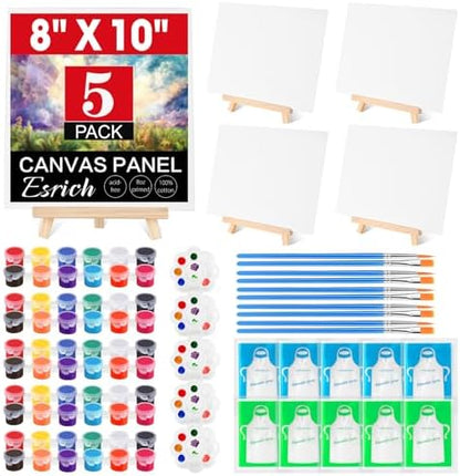 ESRICH 5 Pack 8x10 Canvas and Easel Set, Mini Acrylic Paint, Paint Brushes, Palettes, Aprons, Paint Kits for Adults Couples Friends Date Night Painting Party Supplies by ESRICH