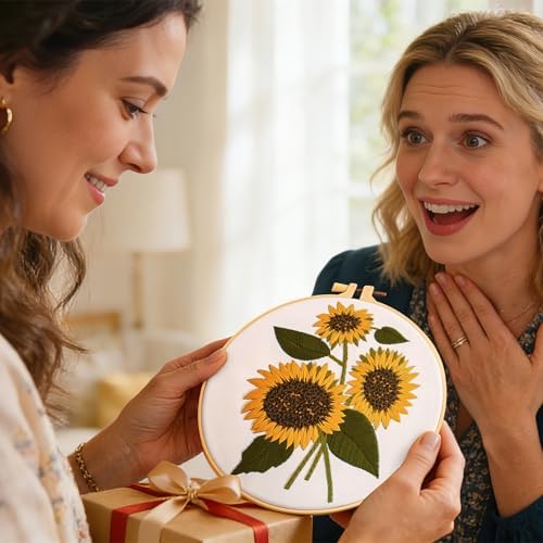 Sunflower Embroidery Kits for Beginners Adults, Floral Hand Embroidery Set Needlepoint Kits, Stamped Cross Stitch Kits for Beginners Adults, 2 Embroidery Hoops, Fabric, Thread(Attached Video Tutorial) - Image 3