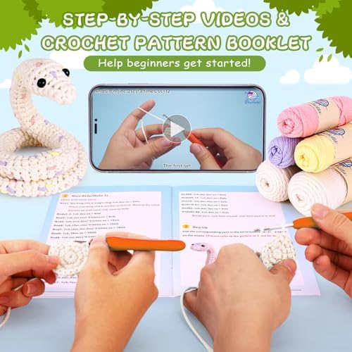 Crochet Kit for Beginners, Beginner Crochet Kit for Teenagers Adults with Step-by-Step Video Tutorials, DIY Crochet Animal Kits Knitting Supplies, Snake (40%+ Yarn) - Image 3