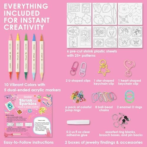 Grabie Shrink Art Craft Kit of 25+ Shapes, Markers & Charms, Bloom Post - Image 3