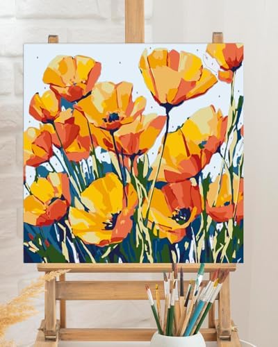 TOCARE Framed Paint by Numbers Kit for Adults, Orange Poppy Paint by Number Framed, Adult Paint by Number Kits on Canvas Framed Flowers for Home Wall Decor (10x10 Inch, Without Easel) - Image 5