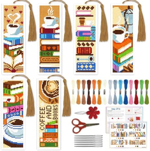ACRNIGHEET 6PCS Cross Stitch Bookmark Kit for Beginner Stamped Cross Stitch Kits for Adults Book&Coffee DIY Tassel Embroidery Bookmark Kits Needlepoint Kit with Instructions Craft Gift 8.5''x3'' 11CT by ACRNIGHEET