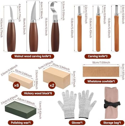 18Pcs Beginner Adult Wood Carving Tool Kit, Wood Whittling Knife Set with Basswood Carving Blocks, Leather Sharpening Strop & Safety Gloves for DIY Projects(Multicolor) - Image 2
