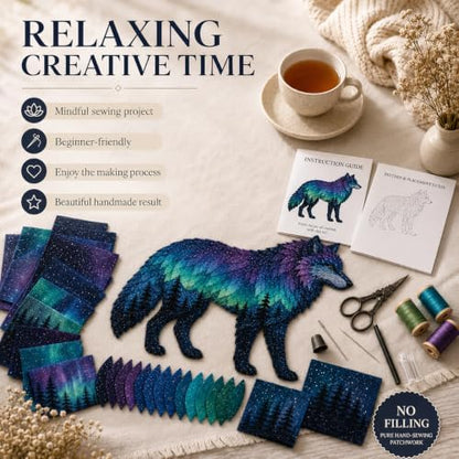 Northern Lights Animal Embroidery Kit DIY Fabric Patchwork Craft Set (WOLF) - Image 2