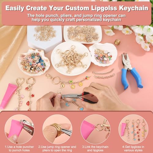 485 Pcs Charms Lip Gloss Keychain Making Kit, DIY Bag Charm Kit Including 40 Key Chain Hooks 30 Extender Chains 212 Gold Charms & Letter 200 Jump Rings 1 Plier and 1 Puncher for Craft Supplies - Image 4