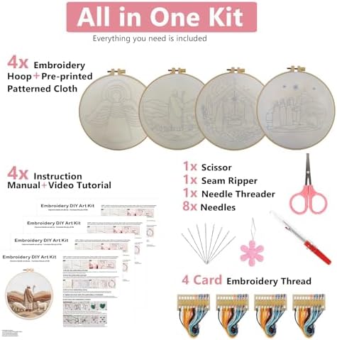 Nativity Embroidery Kit for Adults, Pre-Stamped Pattern Embroidery Kit for Beginners, Needlepoint Kit with Hoop Thread Needle Instruction, 7.9'' Hoop (Nativity 4 Packs) - Image 4