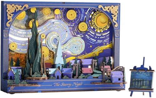 3D Wooden Puzzles for Adults Van Gogh Starry Night DIY Model Building Kits with LED Light - Home Decor, Wall Art & Unique Creative Gifts for Art Lovers/Men/Women by Wowood