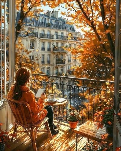 koemhxb Paint by Numbers Kit for Adults Beginners, Autumn Paris Balcony Scene, Fall City View Art Adult Paint by Numbers on Canvas, Acrylic Painting Crafts for Home Decor (16x20inch) by Koemhxb