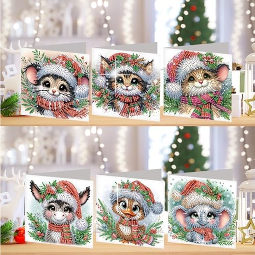 jinglinhh 6pcs Christmas Mouse Cat Donkey Koala Duck Diamond Art Painting Greeting Cards with Envelopes, DIY Card Making Kits for Adults, Diamond Art Postcards Christmas Cards Craft Gifts - Image 4