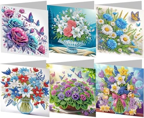 6 Pcs Diamond Painting Greeting Cards Kit Rose Lily Daisy Flowers with Envelopes, 5D DIY Special Shaped Rhinestone Art Card Making Kits for Adults, Holiday Blessing Postcards, Creative Craft Gifts by Unknown