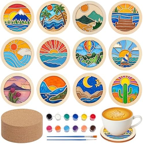 Dispowreath 12 Pcs Wooden Coasters Painting Kit Paint You Own Coaster Wooden Painting Craft Kit with Acrylic Paints and Brush for Adults and Beginners Coasters Landscape Crafts Art Supplies by Dispowreath