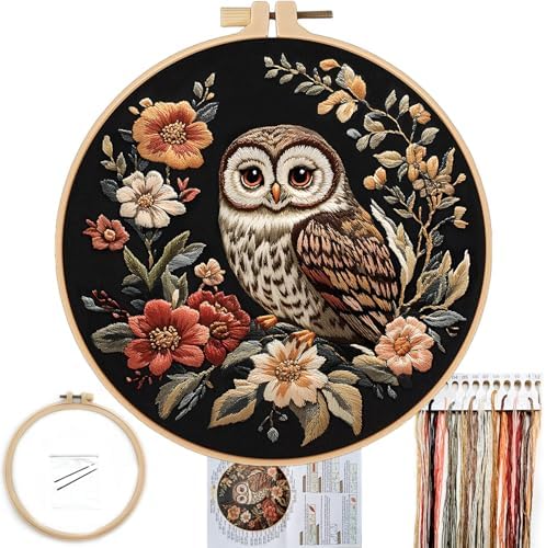 FONNUY Embroidery Kit for Beginners, Owl Flowers Pre-Stamped Pattern Kits for Adults with Hoop, Easy to Follow Color Thread Needlework, 8'' Hoop (Black) by FONNUY