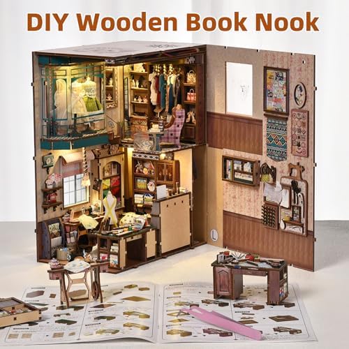fifijoy Book Nook Kit, LED 3D Wooden Puzzle with Dust Cover, 460 Wooden Pieces, DIY Bookshelf Insert Decor Gifts for Book Lovers (Sewing Room) - Image 6