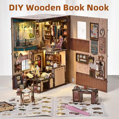 fifijoy Book Nook Kit, LED 3D Wooden Puzzle with Dust Cover, 460 Wooden Pieces, DIY Bookshelf Insert Decor Gifts for Book Lovers (Sewing Room) - Image 6