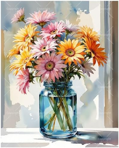 Floral Still Life Paint by Numbers Kit for Adults - DIY Colorful Gerbera Daisies in Blue Jar Painting on Canvas 16x20 Inches, Acrylic Paint Set for Beginners, Art for Home Decoration or Gifts by Unknown