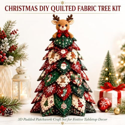DIY Halloween Christmas Quilted Fabric Tree Kit, 3D Padded Patchwork Sewing Craft Kit for Beginners, Home Office Mantel Shelf Tabletop Decor, Handmade Holiday Gift for Craft Lovers (Christmas #A) - Image 2
