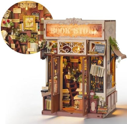 DIY Book Nook Kit, Art Book Store Miniature House Kit with Stepless Dimming by IECREATE
