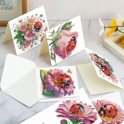 LazyFold 6Pcs DIY Diamond Art Painting Greeting Cards with Envelopes, Ladybugs and Flowers All Occasion Note Card Kit for Women, Handmade Thank You Birthday Friendship Cards Gift - Image 6