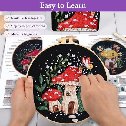 Uniartfy 3 Sets Embroidery Kit for Adults Beginners, Needlepoint Kits Cross Stitch, Hand Embroidery Starter Kit with Mushroom Stamped Patterns, Hoop, Tools, Colorful Threads with Needles, Instructions - Image 3