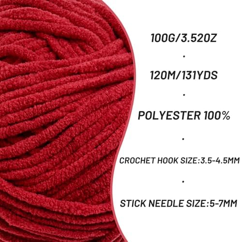 3 Packs Plush Chenille Chunky Crochet Yarn - Baby Yarn for Crocheting Soft - Velvet Yarns Knitting for Blankets Crafts - Fluffy Amigurumi Yarns 300g / 393yd (3 Burgundy) - Image 2