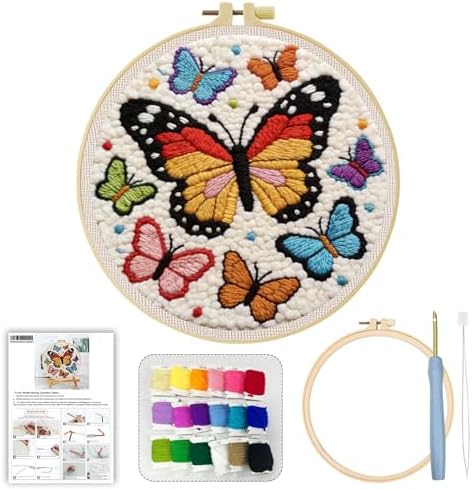 JOZYSH Punch Needle Embroidery Starter Kits for Beginners Cute Snow-White cat Curled up Comfortably on a Branch Adorned Hoops,Color Threads,Instructions and Needles,DIY Adults Embroidery (Butterfly) - Image 2