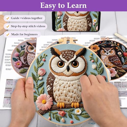 Uniartfy 3 Sets Embroidery Kit for Beginners with Owl Flower Pattern, Hand Needlepoint Kits for Adults, Embroidery Starter Kits with Hoops, Step by Step Video & Instructions, DIY Cross Stitch Kit - Image 3