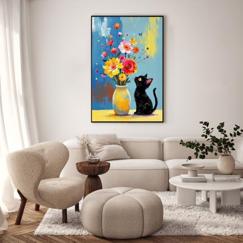 Framed Paint by Numbers Kit for Adults, Black Cat & Flowers, 8 x 12 Inch - Image 2