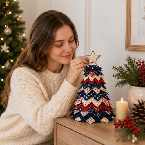 SamLng DIY Christmas Quilted Fabric Tree Kit, 3D Folded Fabric Sewing Craft Project for Adults & Beginners, Americana Christmas Tree Quilt Kit Tabletop Indoor Decor - Image 4