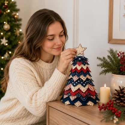 SamLng DIY Christmas Quilted Fabric Tree Kit, 3D Folded Fabric Sewing Craft Project for Adults & Beginners, Americana Christmas Tree Quilt Kit Tabletop Indoor Decor - Image 4