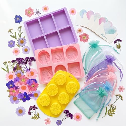 GLYNORKS Silicone Soap Molds for Soap Making, 20pcs Soap Molds Kit with Rectangle, Lemon & Leaf Designs, 10 Gift Bags, 6 Cards & 30 Dried Flowers, DIY Soap Making Supplies Kit for Adults by Unknown