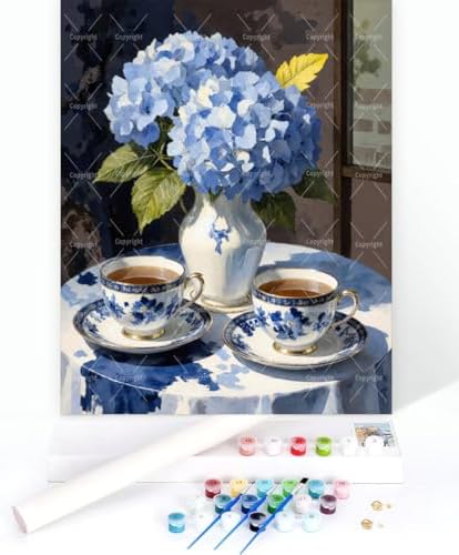 Floral Paint By Numbers Kit For Adults - Diy Blue Hydrangea Tea Cups Painting On Canvas 16X20 In, Acrylic Paint Set, Suitable For Beginners, Wall Art Decor Art For Home Decoration Or Gifts, Unframed - Image 3